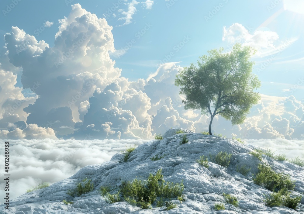 Lonely Tree on Rocky Hill Overlooking the Clouds Lonely Tree on Rocky Hill Overlooking the Clouds