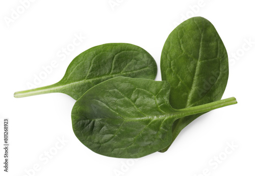 Three fresh spinach leaves isolated on white