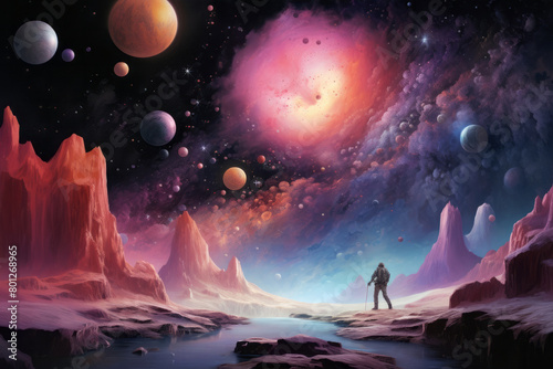 Illustration of cosmic planet with astronaut, discovery of the universe concept, travel into cosmos