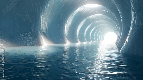 Surreal Glowing Blue Ice Cave Tunnel With Water photo