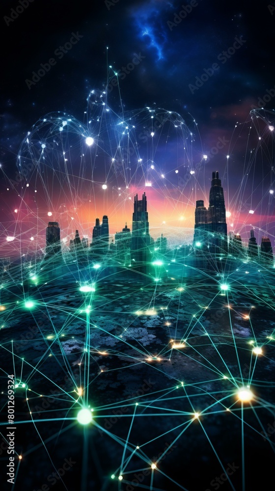 Obraz premium Cityscape of a smart city with a network of connections representing the Internet of Things (IoT) and 5G connectivity.