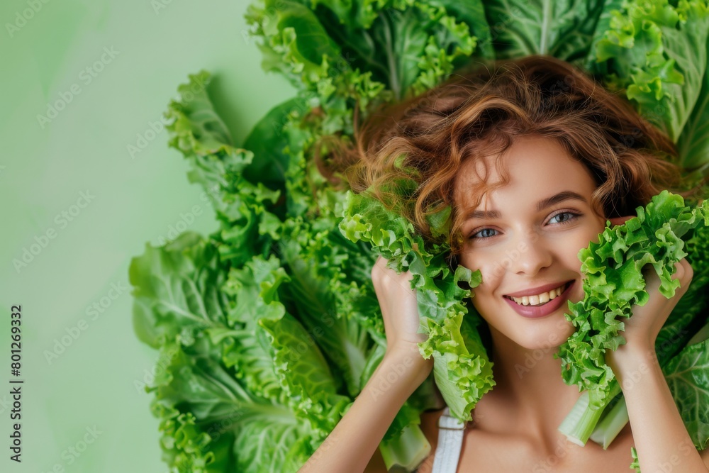 Young Woman Embracing Fresh Greens With a Delighted Smile Against a Green Background Young Woman Embracing Fresh Greens With a Delighted Smile Against a Green Background