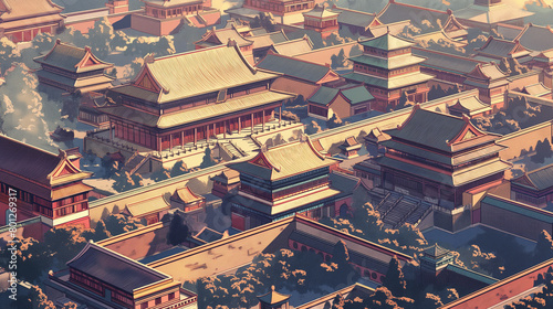 an aerial view of the Forbidden City in Beijing, China. It is a large, walled complex of palaces and temples that was once home to the Chinese emperor. The buildings are mostly red and yellow, and the