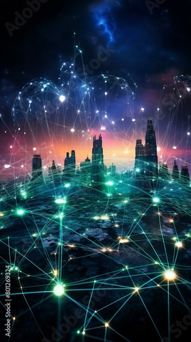 Cityscape of a smart city with a network of connections representing the Internet of Things  IoT  and 5G connectivity.