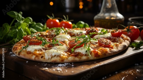 A delicious pizza with tomatoes, basil, and mozzarella cheese