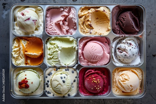 An overhead shot of a selection of ice cream and sorbets