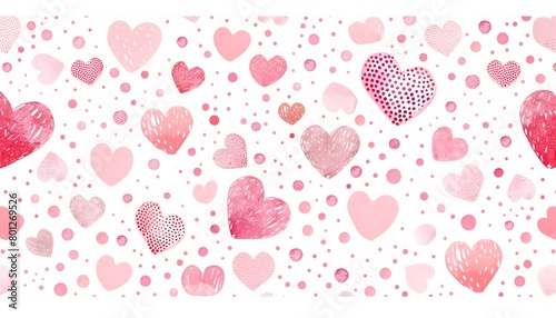 Pattern with pink hearts of different sizes on a white background