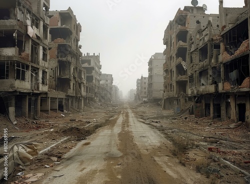 Destroyed city street with ruined buildings after war
