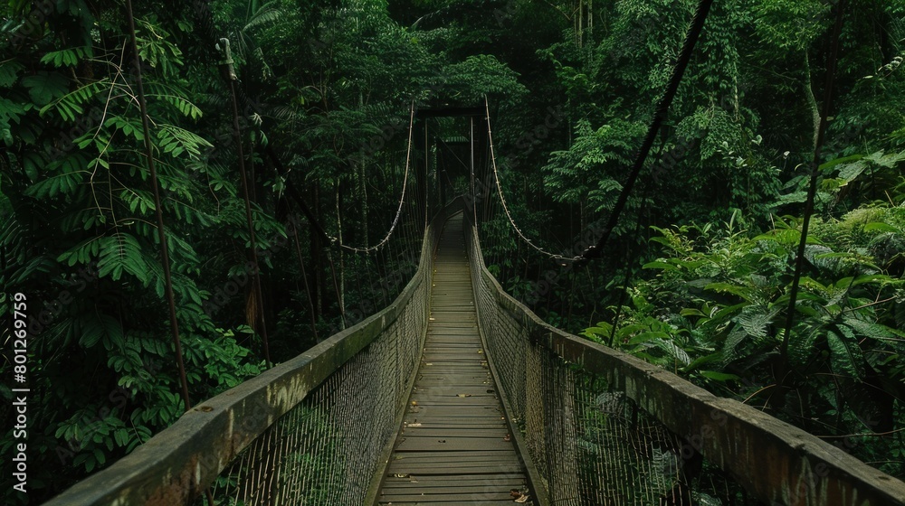 Wooden bridge across the forest with foliage around