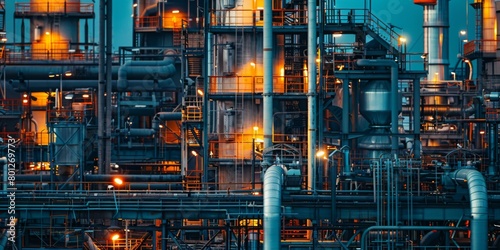 Twilight Illumination at an Industrial Plant Showing Complex Network of Pipes and Machinery