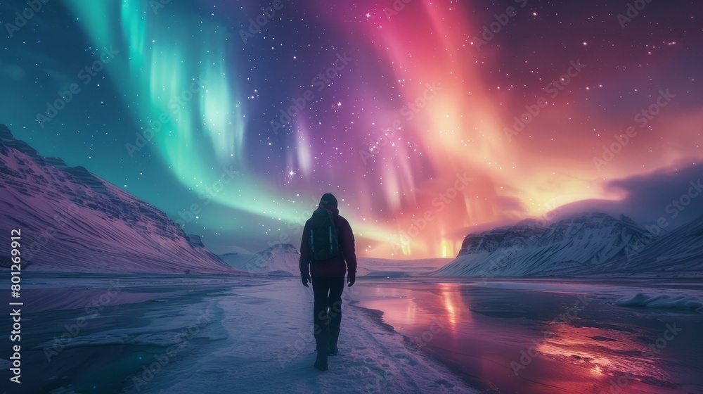 Man walking alone in the snow under a beautiful aurora borealis