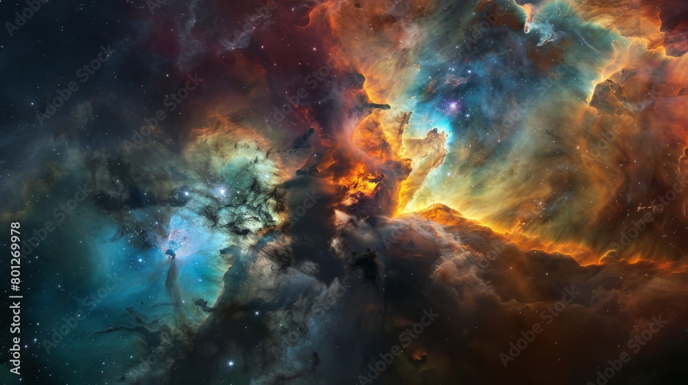 Obraz premium A colorful nebula glowing with the light of newborn stars, captured by a space telescope and revealing the dynamic and ever-changing nature of the cosmos.