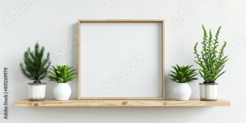 Minimalist Wooden Shelf Displaying a Blank Frame and Potted Plants