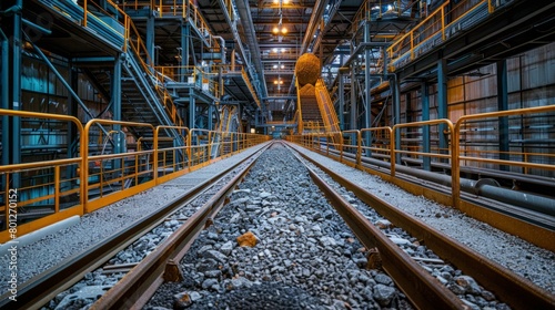Empty factory railroad tracks with a large metal ball in the distance
