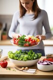 Caucasian woman preparing a healthy salad in the kitchen