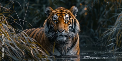 A tiger is standing in the middle of a river  staring at the camera