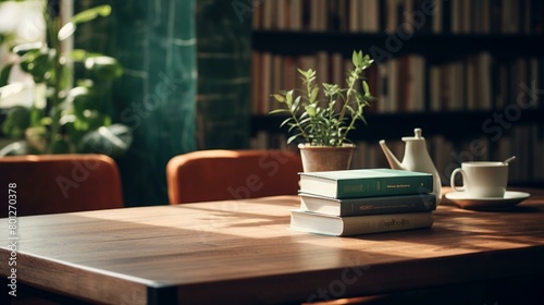 A beautiful photo of a library with books, plants, and a teacup photo