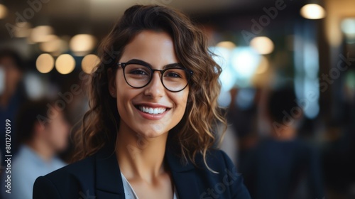 Portrait of a smiling young businesswoman wearing glasses in an office environment