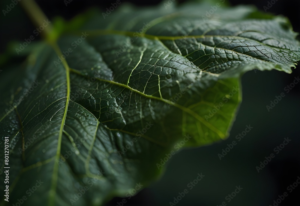A close-up view of a hibiscus leaf's serrated edge, its veins forming a web across its dark green surface, generative AI A close-up view of a hibiscus leaf's serrated edge, its veins forming a web across its dark green surface, generative AI