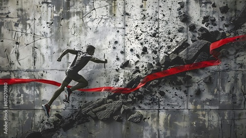 Silhouetted Runner Breaking Through Concrete Wall to Triumph