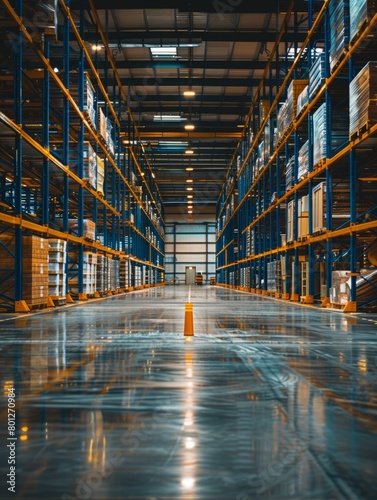 Warehouse with tall shelves and a yellow traffic cone in the foreground