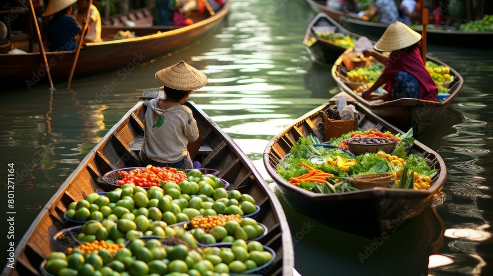 Obraz premium A bustling market with boats full of fresh produce