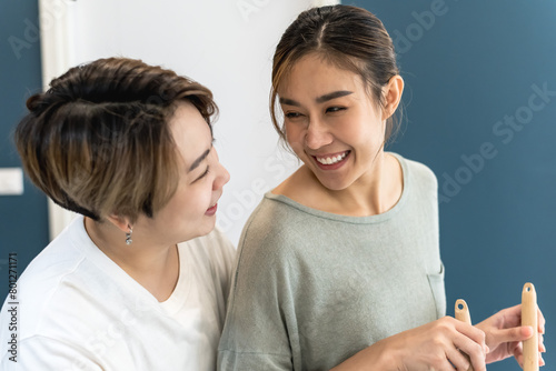 Portrait young Asian lgbt lesbian couples having a good time together, intimate relationship and pride month concept