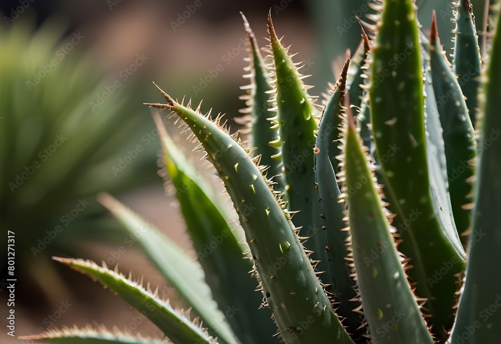 A close-up view of an aloe vera's spiky edges, its green leaves tapering into sharp points, covered in tiny serrations, generative AI