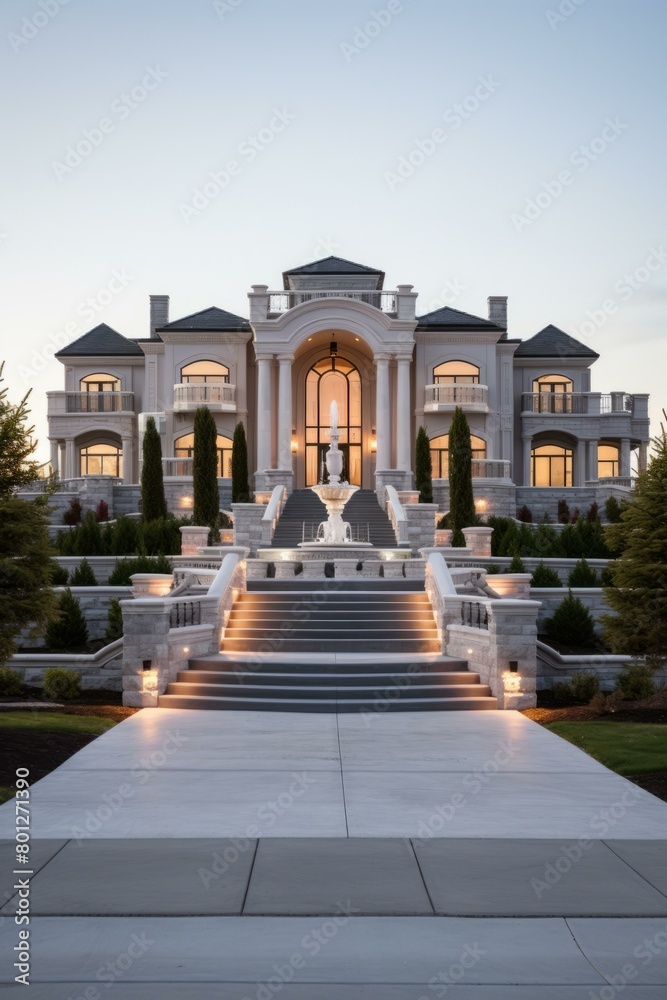 Obraz premium A magnificent mansion with a grand staircase and fountain in front