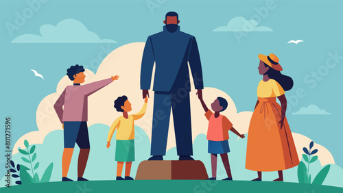 A family of four hand in hand gazing up at the towering statue of a brave abolitionist leader as their guide shares stories of courage and resilience. Vector illustration photo