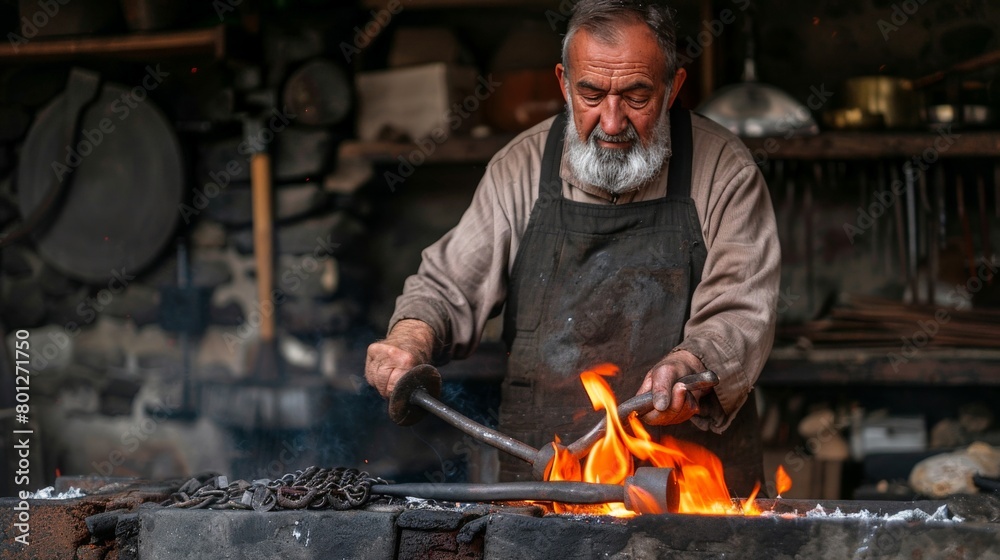 A blacksmith using traditional methods to forge iron in a historic village A blacksmith using traditional methods to forge iron in a historic village