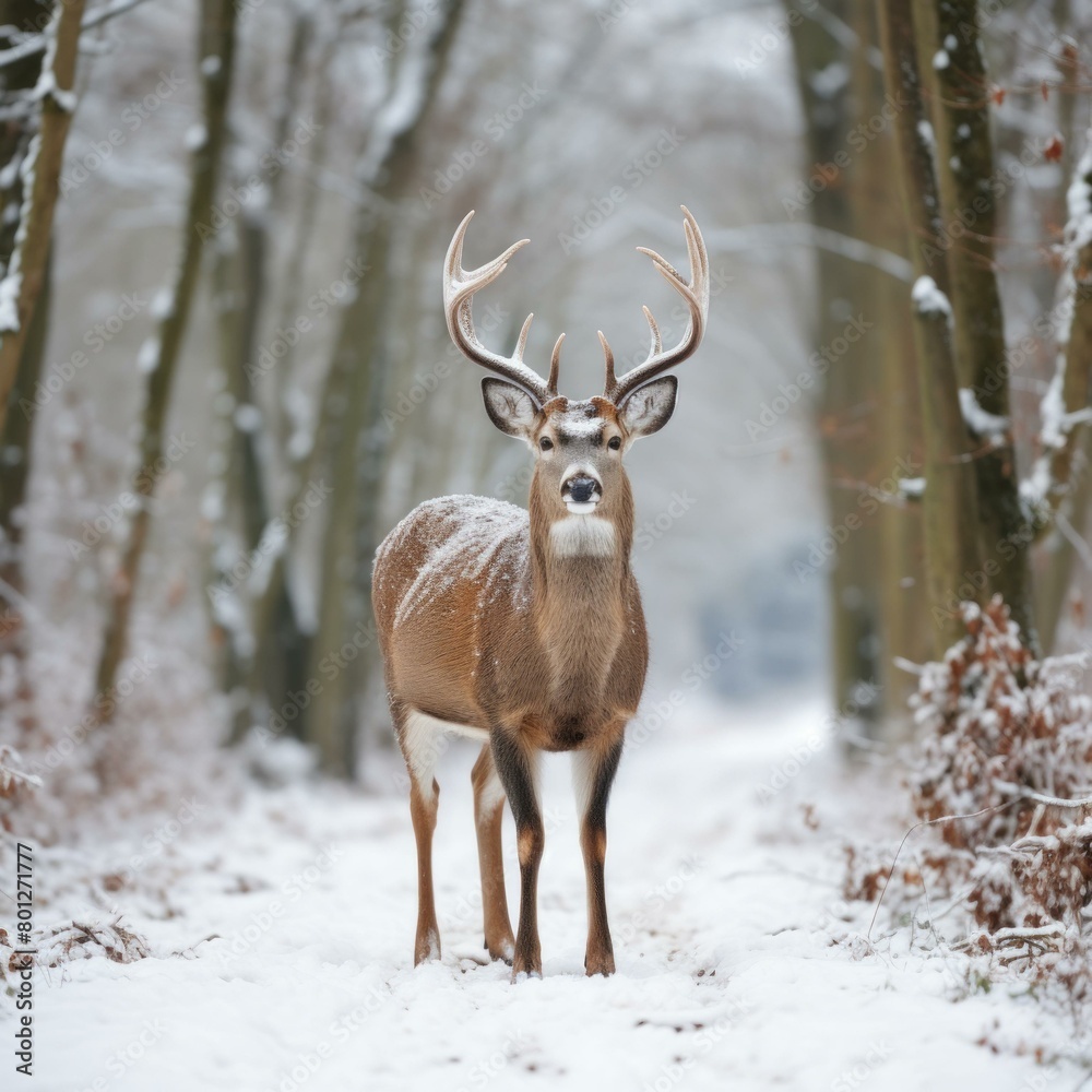 A majestic white-tailed deer stands in the snow A majestic white-tailed deer stands in the snow