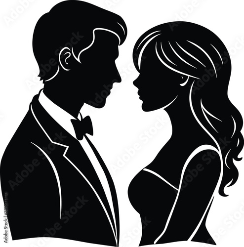 Silhouette of Elegant Couple in Formal Attire, Black and white silhouette illustration of a man in a tuxedo and a woman with flowing hair in a formal dress.