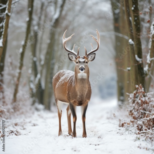 A majestic white-tailed deer stands in the snow
