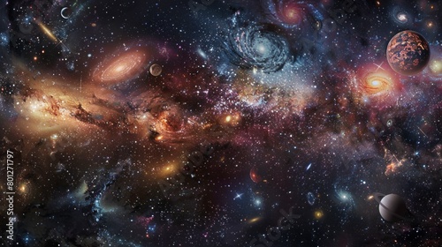 A digital composite image of the universe, featuring galaxies, stars, and nebulae arranged in a stunning cosmic panorama that stretches across the horizon