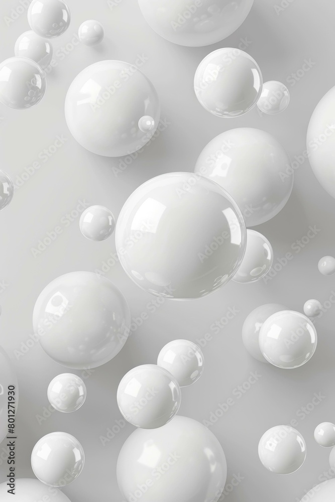 Glossy white and grey 3D spheres of various sizes on a pale grey background. Glossy white and grey 3D spheres of various sizes on a pale grey background.