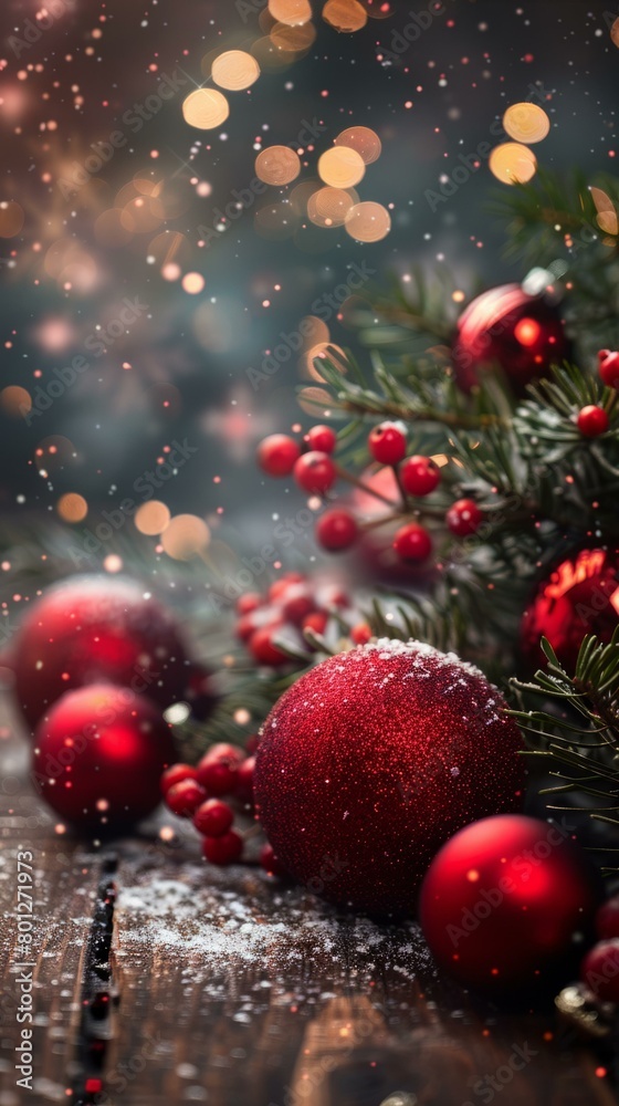 Red Christmas ornaments on a wooden table with a snowy background Red Christmas ornaments on a wooden table with a snowy background