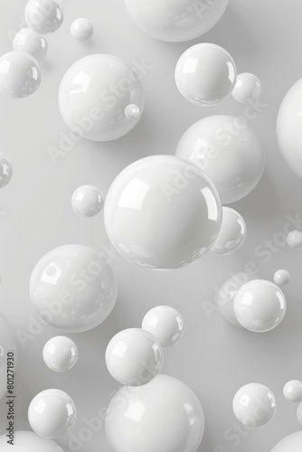 Glossy white and grey 3D spheres of various sizes on a pale grey background.