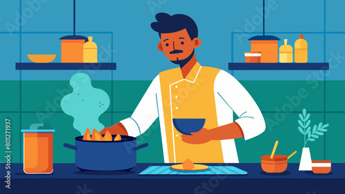 In a bustling kitchen a man faces the stove with determination as he creates a flavorful curry the aroma soothing his frazzled mind..