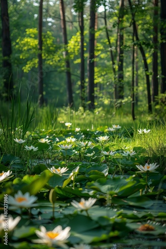 White Water Lilies in a Forest Pond