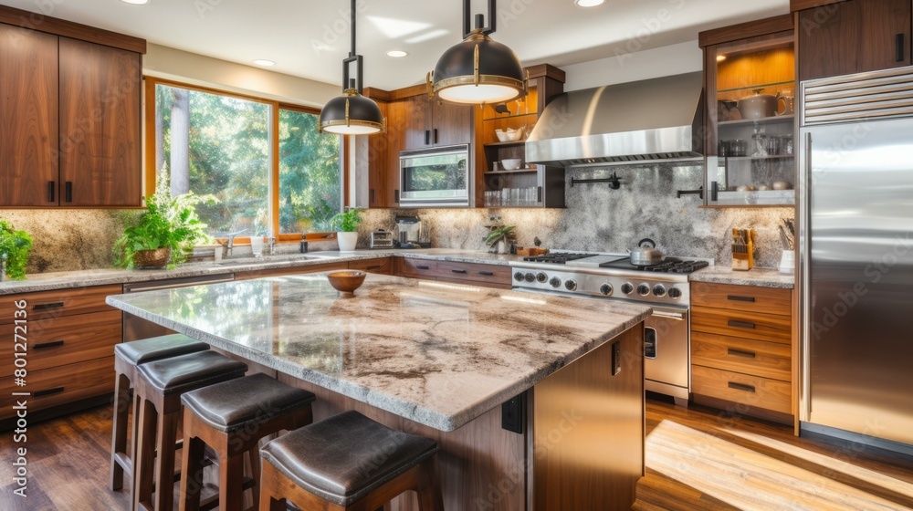 Modern kitchen interior with brown wooden cabinets and stainless steel appliances Modern kitchen interior with brown wooden cabinets and stainless steel appliances