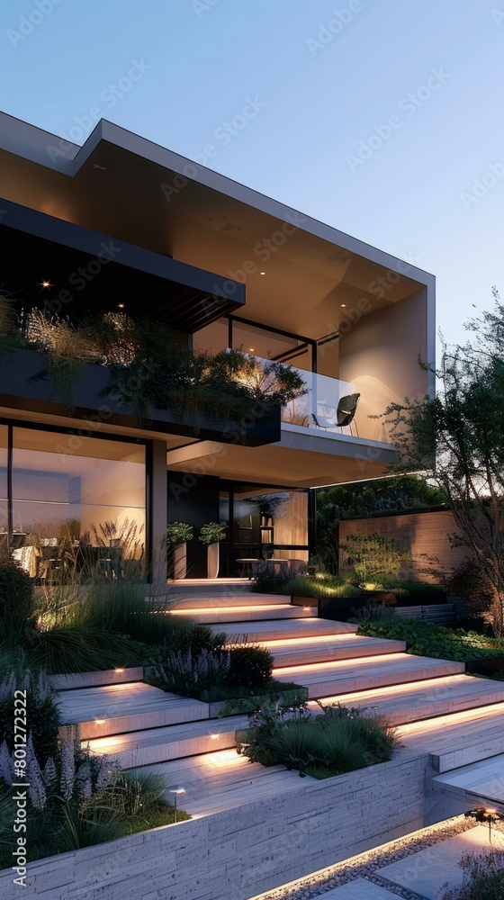 A luxurious house with a modern design and beautiful garden