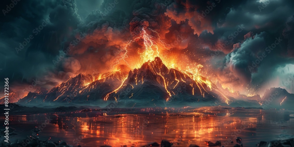 Fantasy landscape with a volcano erupting and lightning bolts striking the ground