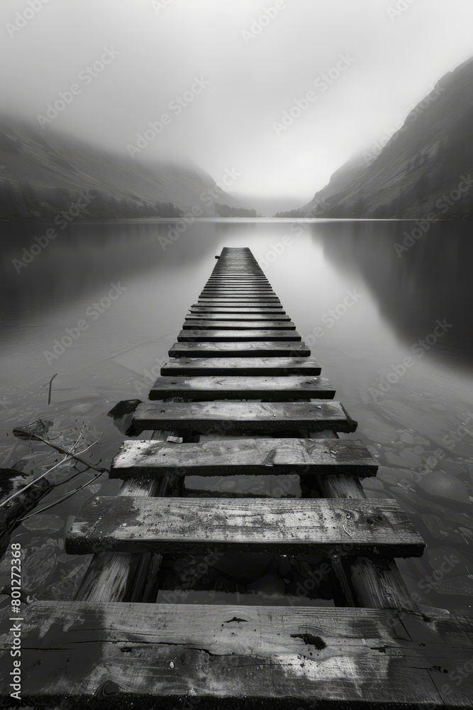 Obraz premium Wooden dock extending into calm lake with mountain backdrop