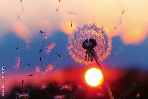 Dandelion seeds blowing in the wind at sunset