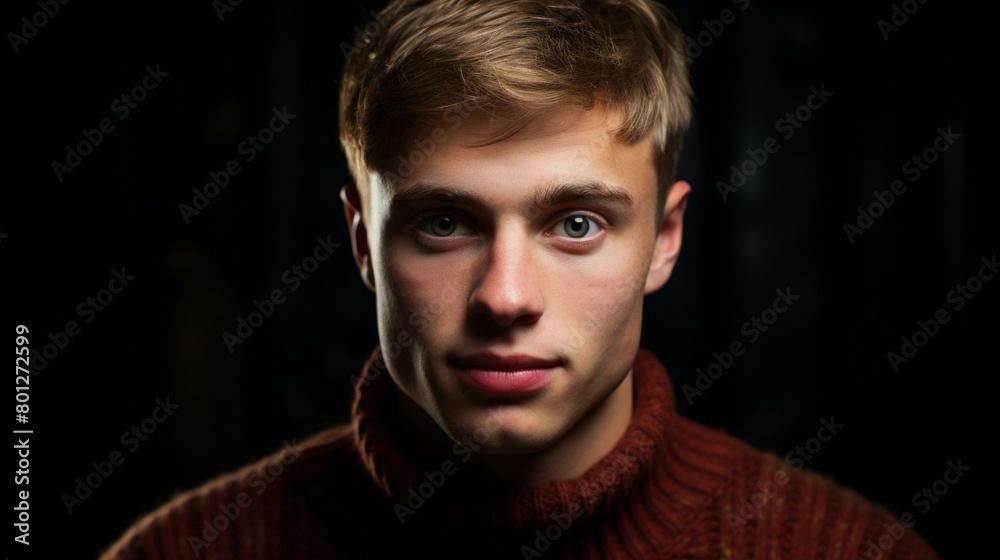 Portrait of a young man with blond hair and blue eyes wearing a brown sweater