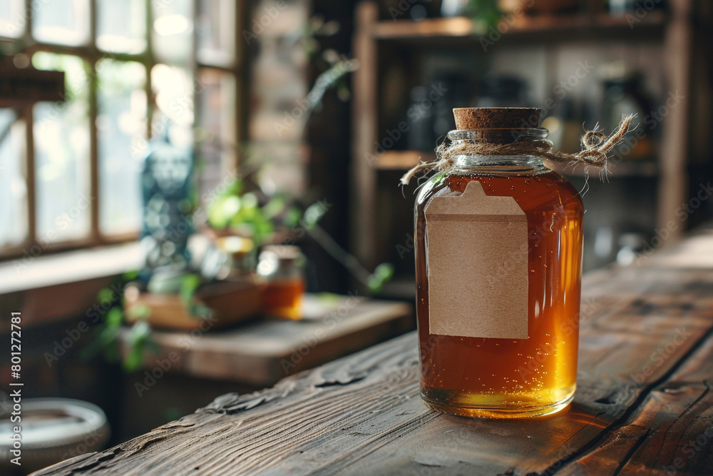 Pure honey in bottle with empty label on wooden table Pure honey in bottle with empty label on wooden table
