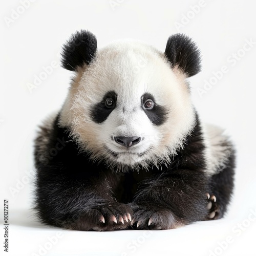 An adorable baby panda sits on a white background