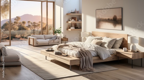 Modern bedroom interior design with large windows and a beautiful view © duyina1990