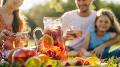 A family enjoying a picnic in the park  sharing a jug of homemade fruit punch filled with fresh berries  citrus slices  and sparkling water.